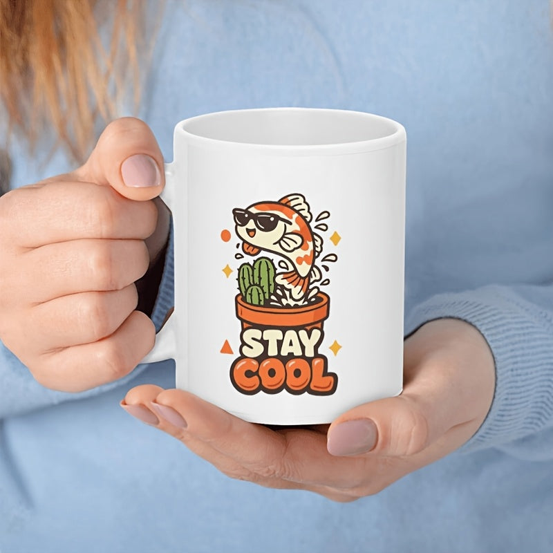 Tailorly White Ceramic 11 oz Mug - Stay Cool Adorable Orange Spotted Fish Wearing Sunglasses Jumping From A Vibrant Cactus Pot Fish