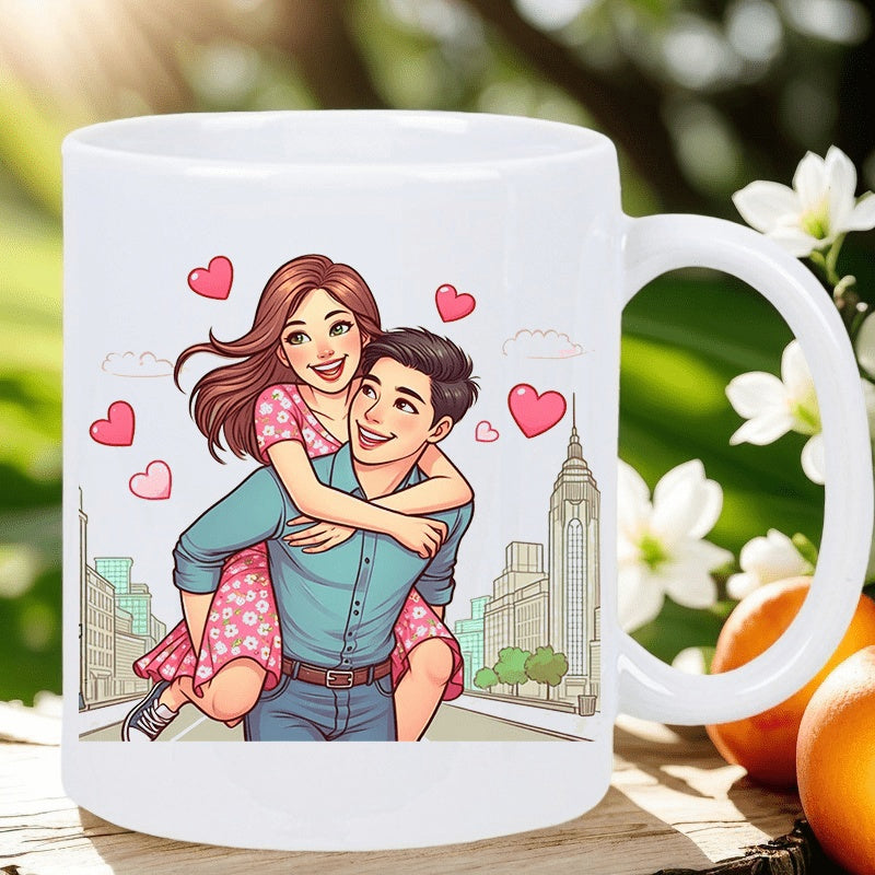 Tailorly White Ceramic 11 oz Mug - Romantic Couple Embracing Under Floating Pink Hearts In A Sunny Cityscape Couple