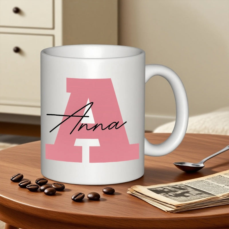 Tailorly White Ceramic 11 oz Mug - Anna Large Pink Letter Overlaid With Elegant Black Handwritten Script Signature Mug