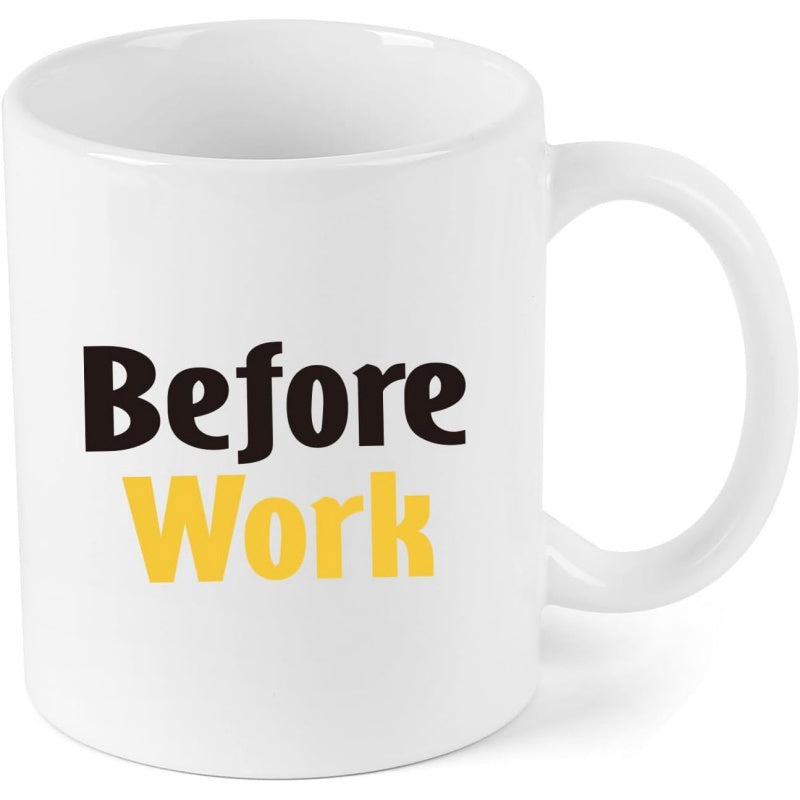 Tailorly White Ceramic 11 oz Mug - Before Work Minimalist White Ceramic Kitchenware Featuring Bold Black And Yellow Typography Mug