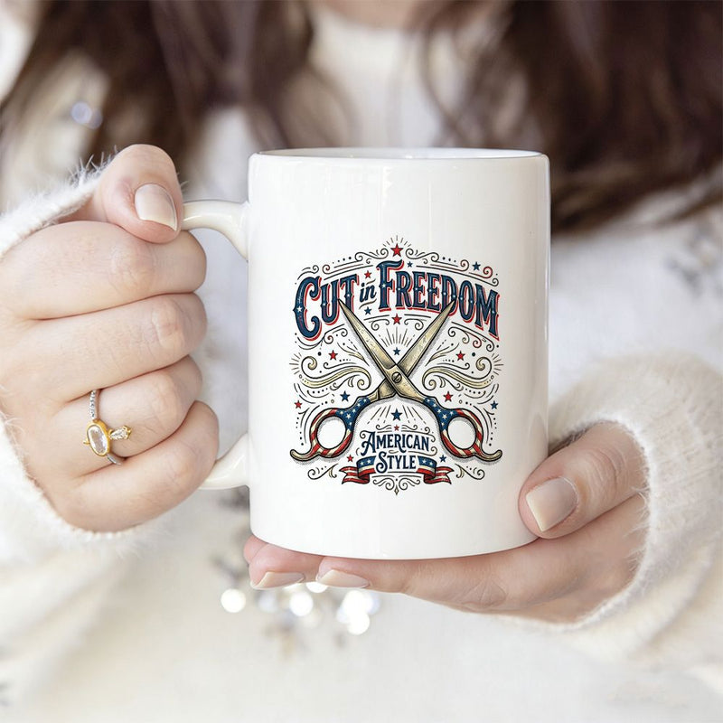 Tailorly White Ceramic 11 oz Mug - Cut To Freedom American Style Vintage Ornate Filigree With Classic Decorative Banners Barber Scissors