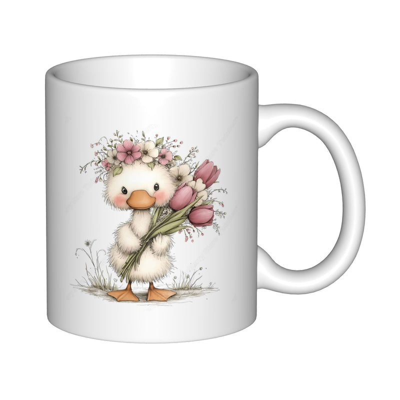 Tailorly White Ceramic 11 oz Mug - Adorable Little Duckling Holding A Bouquet Of Pink Spring Flowers Duckling