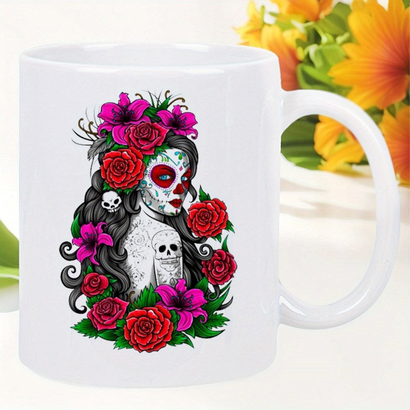 Tailorly White Ceramic 11 oz Mug - Vibrant Red Roses And Pink Lilies Surrounding A Sugar Skull Maiden Woman