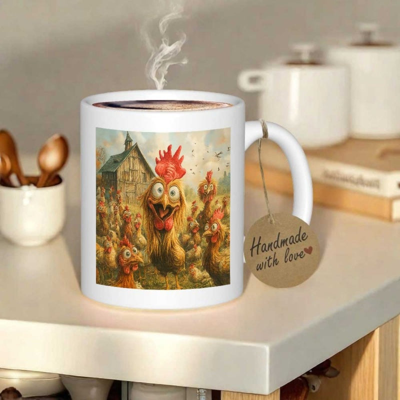 Tailorly White Ceramic 11 oz Mug - Comical Exaggerated Bug Eyed Rooster Standing In Front Of Rustic Farmhouse Rooster