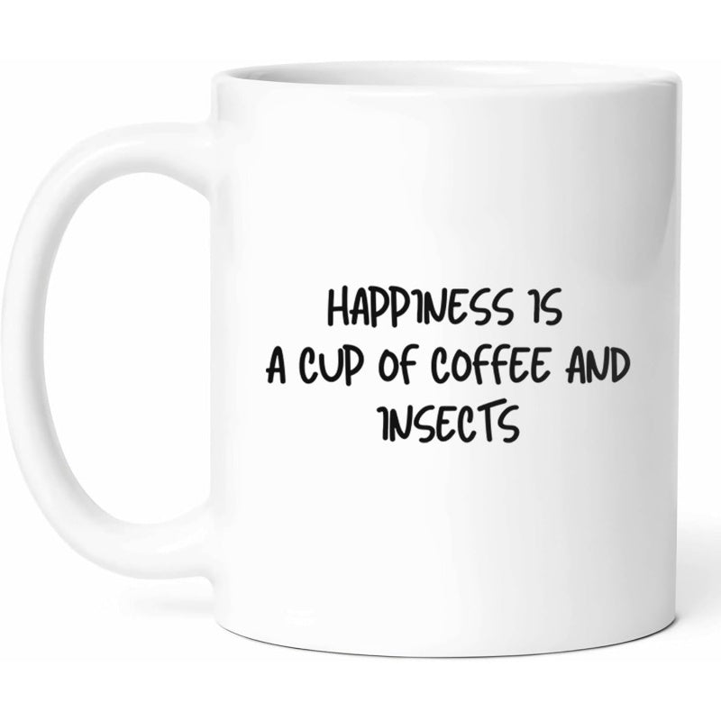 Tailorly White Ceramic 11 oz Mug - Happiness Is A Cup Of Coffee And Insects Sleek Ceramic Surface With Minimalist Typography Displaying A Catchy Quote Mug