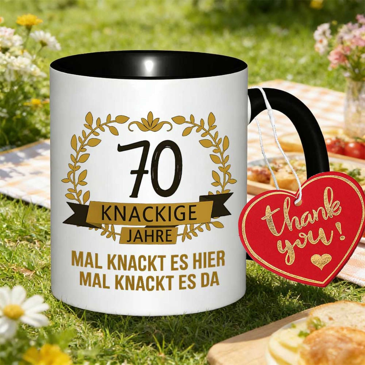 Tailorly Black Accent 11 oz Mug - 70th birthday celebration with golden and red patterns