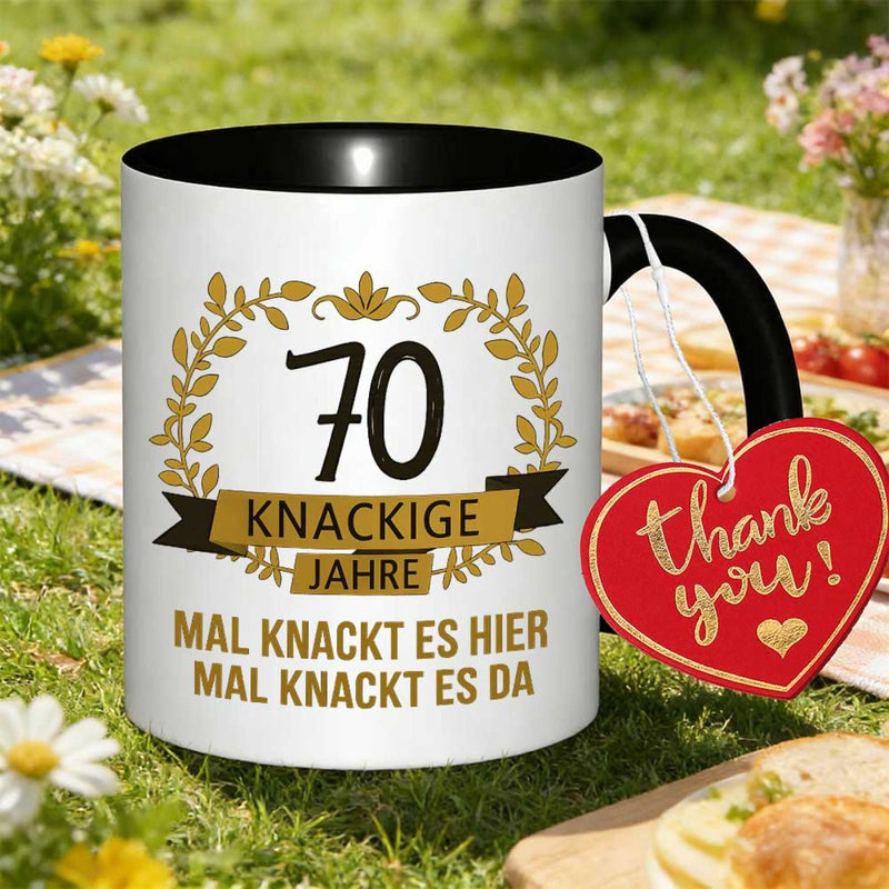 Tailorly Black Accent 11 oz Mug - 70th birthday celebration with golden and red patterns