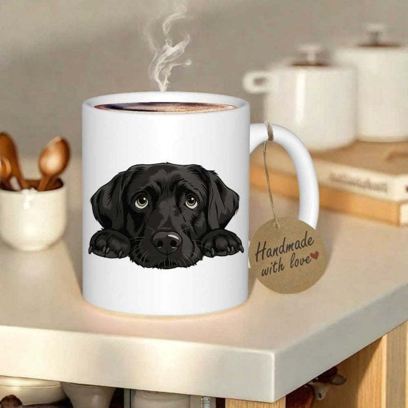 Tailorly White Ceramic 11 oz Mug - Handmade With Love Adorable Black Labrador Peering Curiously Over A Solid White Surface Dog