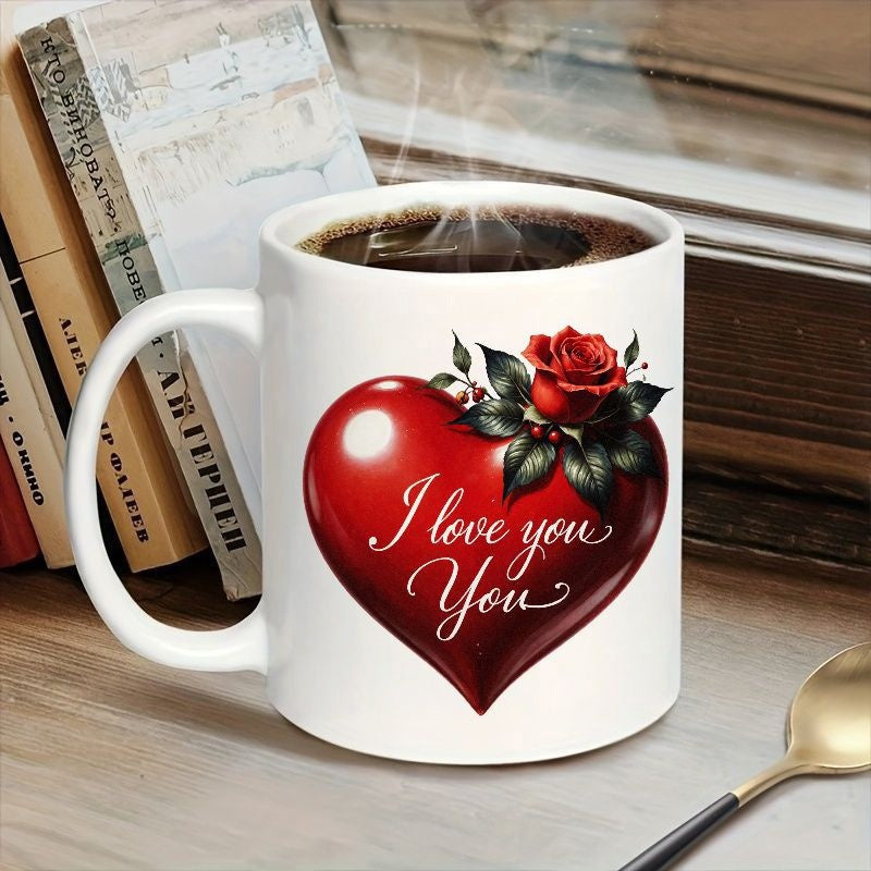 Tailorly White Ceramic 11 oz Mug - I Love You You Vibrant Red Glossy Surface Featuring Blooming Rose And Leaves Heart