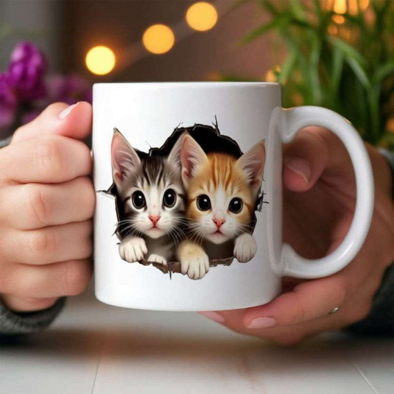 Tailorly White Ceramic 11 oz Mug - Two Adorable Fluffy Cats Peeking Through A Dark Torn Hole Kittens