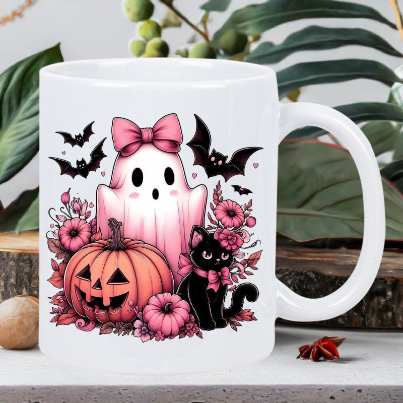 Tailorly White Ceramic 11 oz Mug - Cute Halloween Elements With Pink Flowers And Bats Near A Sitting Black Cat Ghost