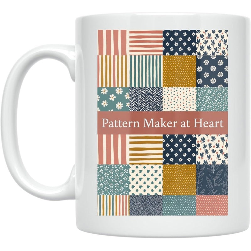 Tailorly White Ceramic 11 oz Mug - Pattern Maker At Heart Colorful Patchwork Grid With Floral Stripes And Textured Geometric Pattern