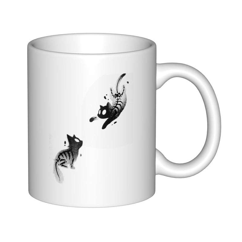 Tailorly White Ceramic 11 oz Mug - Playful Minimalist Ink Style Felines Dancing Across A Clean Surface Cat