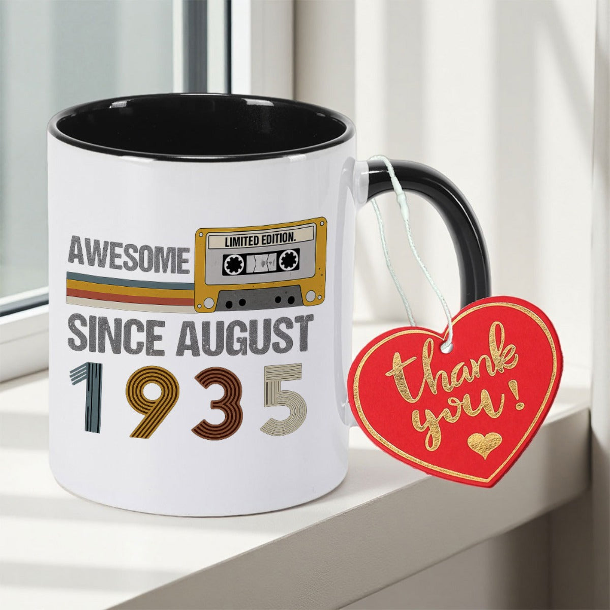 Tailorly Black Accent 11 oz Mug - Edition 1935 Retro Cassette Tape Design showcasing AWESOME SINCE 1935 in 4-Inch Text Print