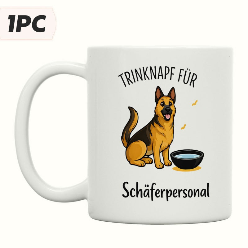 Tailorly White Ceramic 11 oz Mug - Loyal Happy Sitting Beside A Small Black Water Bowl German Shepherd