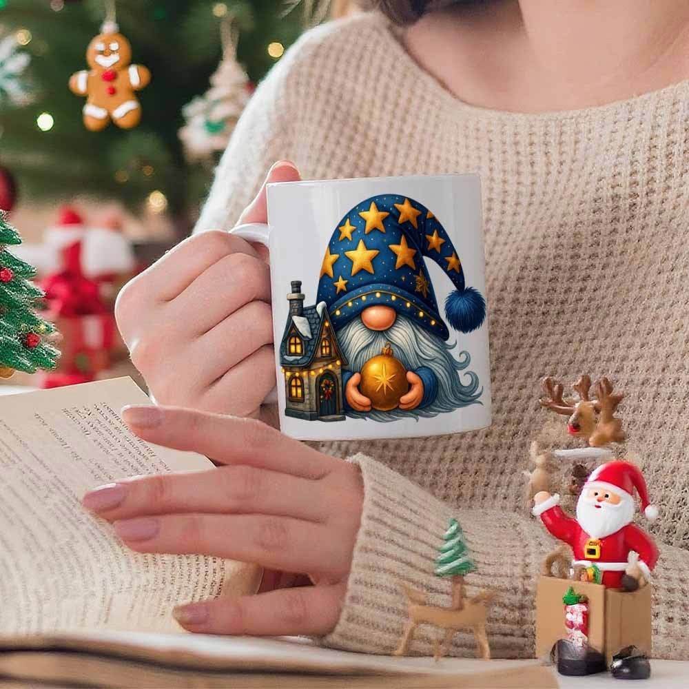 Tailorly White Ceramic 11 oz Mug - Festive Christmas Gnome With Starry Hat Holding Golden Ornament Near Cottage Gnome