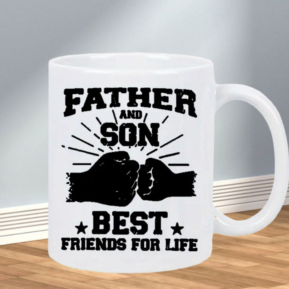 Tailorly White Ceramic 11 oz Mug - Father And Son Best Friends For Life Two Silhouetted Hands Clashing Together With Radiating Lines Mug