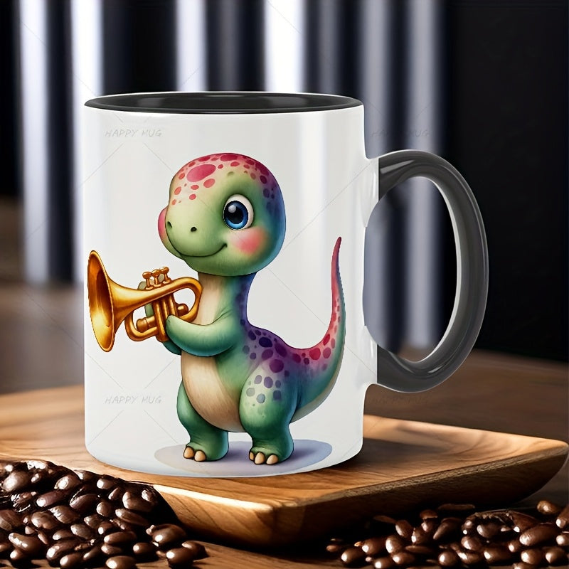 Tailorly Black Accent 11 oz Mug - trumpet playing dinosaur