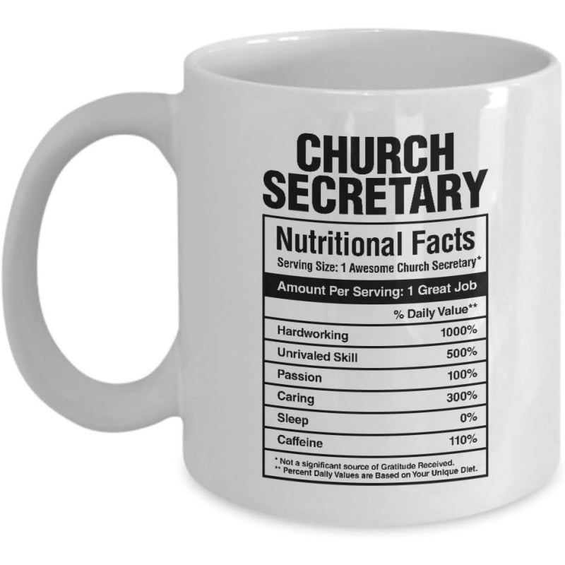 Tailorly White Ceramic 11 oz Mug - Church Secretary Nutritional Facts Minimalist Black Typography Print Design Layout On Ceramic Mug
