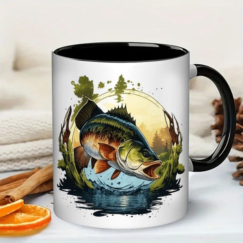 Tailorly Black Accent 11 oz Mug - 11oz fishing mug ceramic coffee mug unique two tone black handle and interior durable and stylish perfect gift for