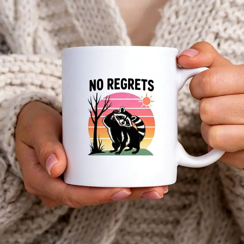 Tailorly White Ceramic 11 oz Mug - No Regrets Retro Sunset Silhouette With Bare Tree Under Gentle Glowing Sun Raccoon