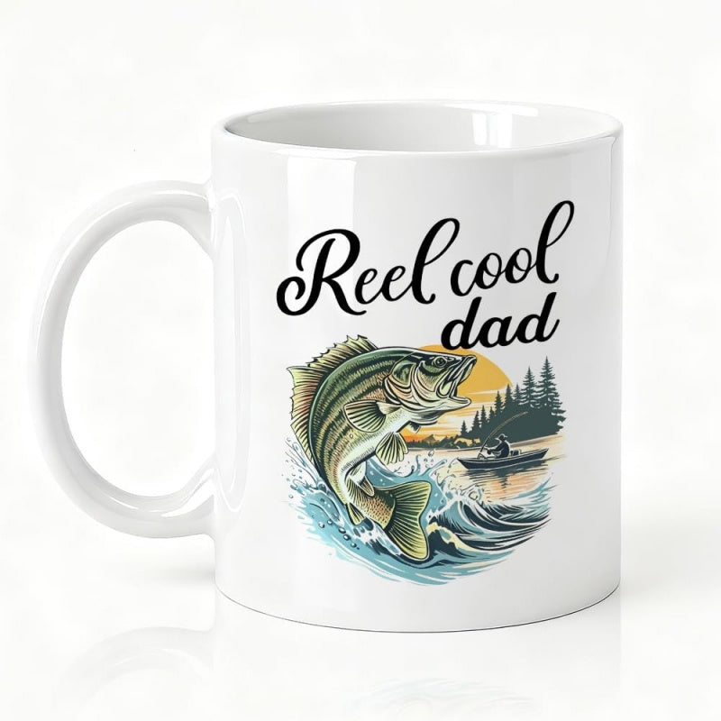 Tailorly White Ceramic 11 oz Mug - Reel Cool Dad Large Jumping Bass Over Splashing Waves With Sunset Lake Fishing Scene Fish