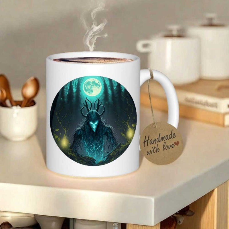 Tailorly White Ceramic 11 oz Mug - Dark Mystic Forest Under Full Moon With Glowing Eyes Shadowy Antlered Creature