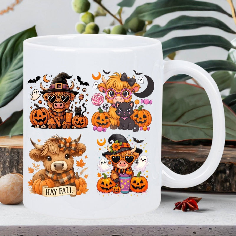 Tailorly White Ceramic 11 oz Mug - Hay Fall Festive Adorable Autumn Highland Cattle Surrounded By Spooky Halloween Pumpkins And Ghosts Cow