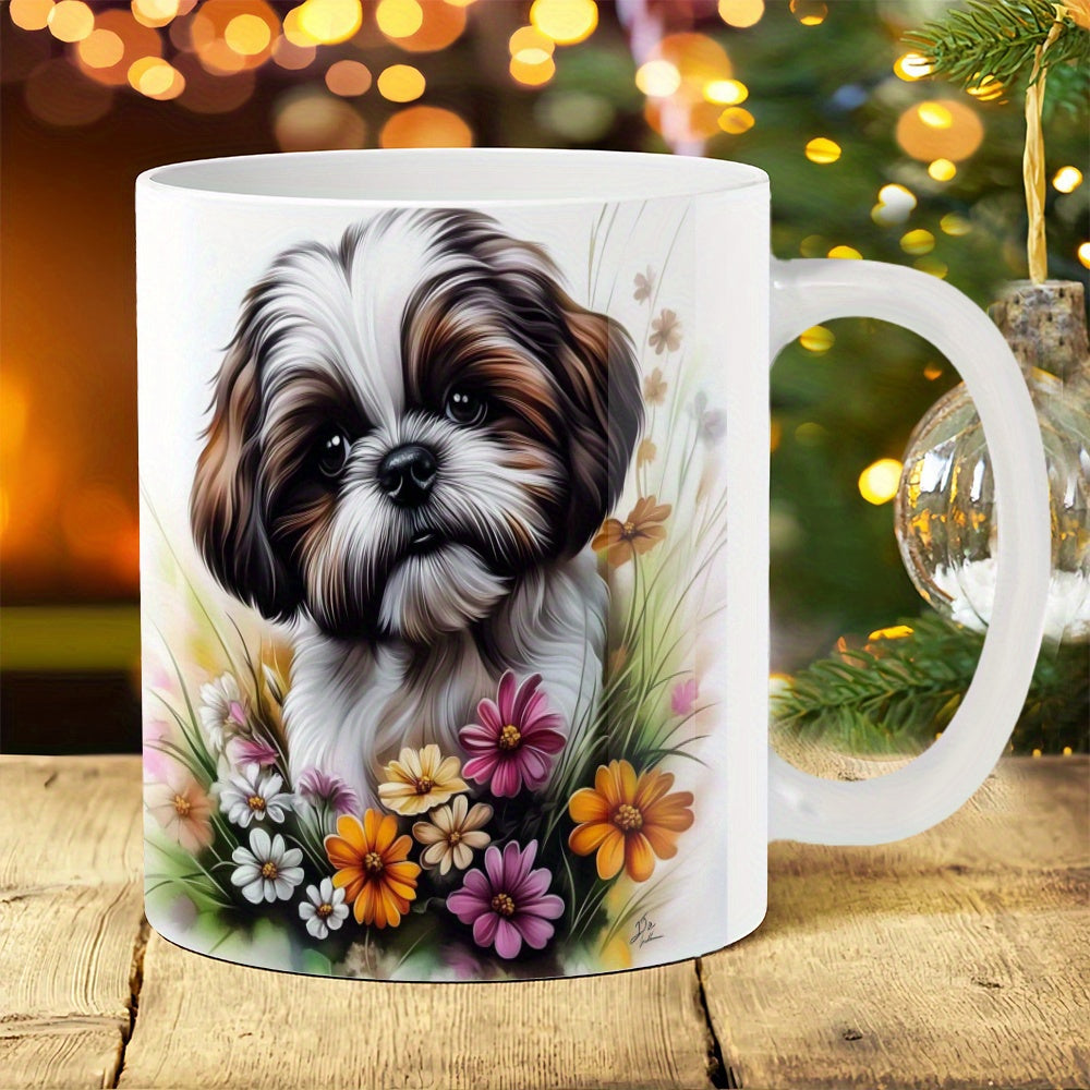 Tailorly White Ceramic 11 oz Mug - Adorable Brown And White Shih Tzu Puppy Sitting Among Vibrant Blooming Garden Flowers Dog