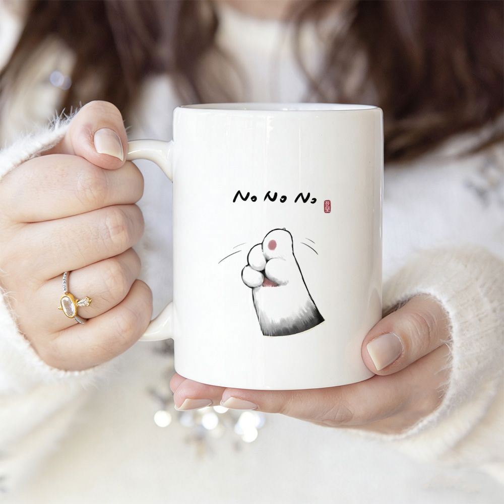 Tailorly White Ceramic 11 oz Mug - No No No Waving Furry White Feline Hand With Playful Motion Lines Paw