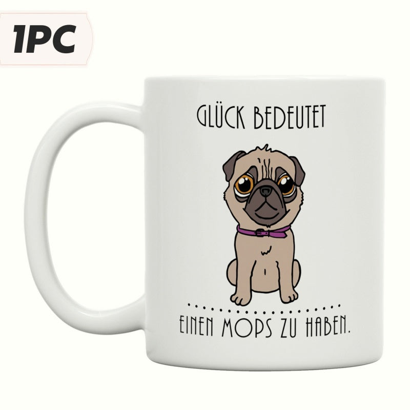 Tailorly White Ceramic 11 oz Mug - Adorable Cartoon Dog Sitting Calmly With Large Expressive Eyes Wearing Purple Collar Pug