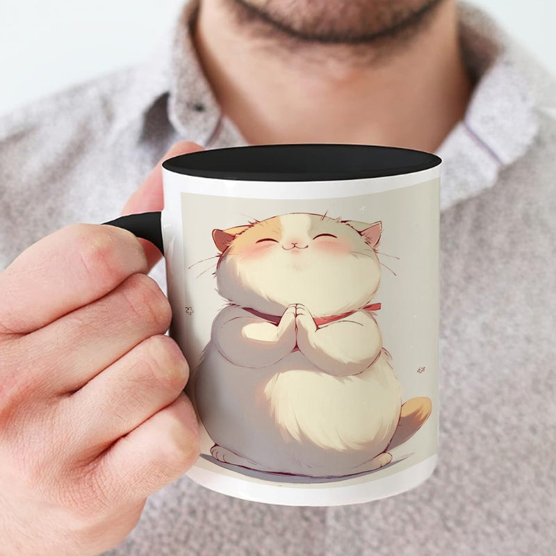 Tailorly Black Accent 11 oz Mug - cute fat cat meditation