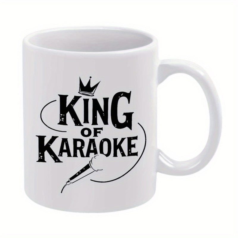 Tailorly White Ceramic 11 oz Mug - King Of Karaoke Minimalist Crown And Classic Microphone Illustration Among Artistic Swirls Mug