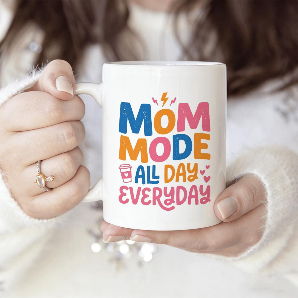 Tailorly White Ceramic 11 oz Mug - Mom Mode All Day Everyday Colorful Bold Lettering Featuring A Coffee Cup And Lightning Bolt Typography