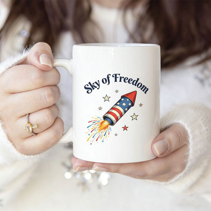 Tailorly White Ceramic 11 oz Mug - Sky Of Freedom Patriotic Rocket With Stars And Stripes Flying Through Sparkling Night Sky Rocket