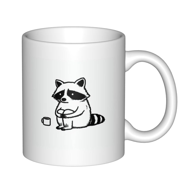 Tailorly White Ceramic 11 oz Mug - Minimalist Black And White Line Art Featuring A Sad Sitting Tiny Mug Raccoon