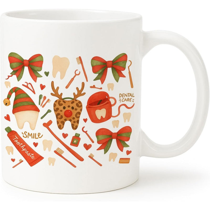 Tailorly White Ceramic 11 oz Mug - Dental Care Smile Toothpaste Cute Festive Dental Illustrations With Holiday Bows And Tooth