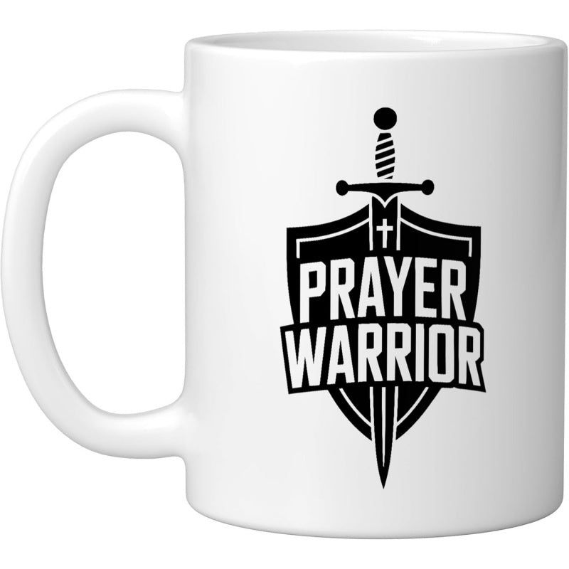 Tailorly White Ceramic 11 oz Mug - Prayer Warrior Bold Medieval Style Heraldic Design Featuring A Vertical Sharp Sword Shield