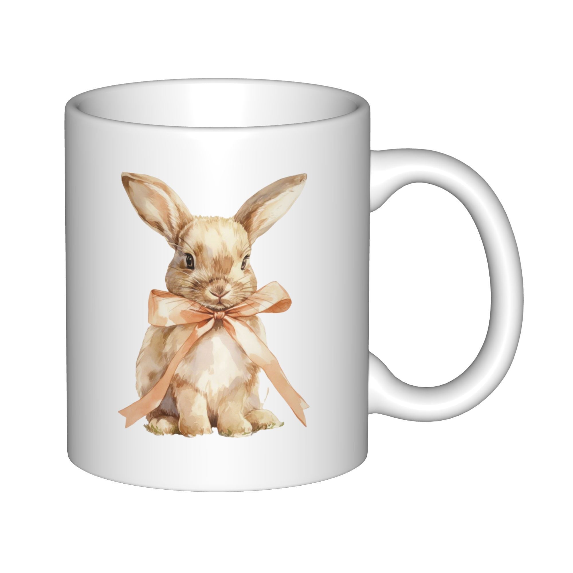 Tailorly White Ceramic 11 oz Mug - Soft Watercolor Style Brown Wearing A Delicate Peach Colored Ribbon Bunny