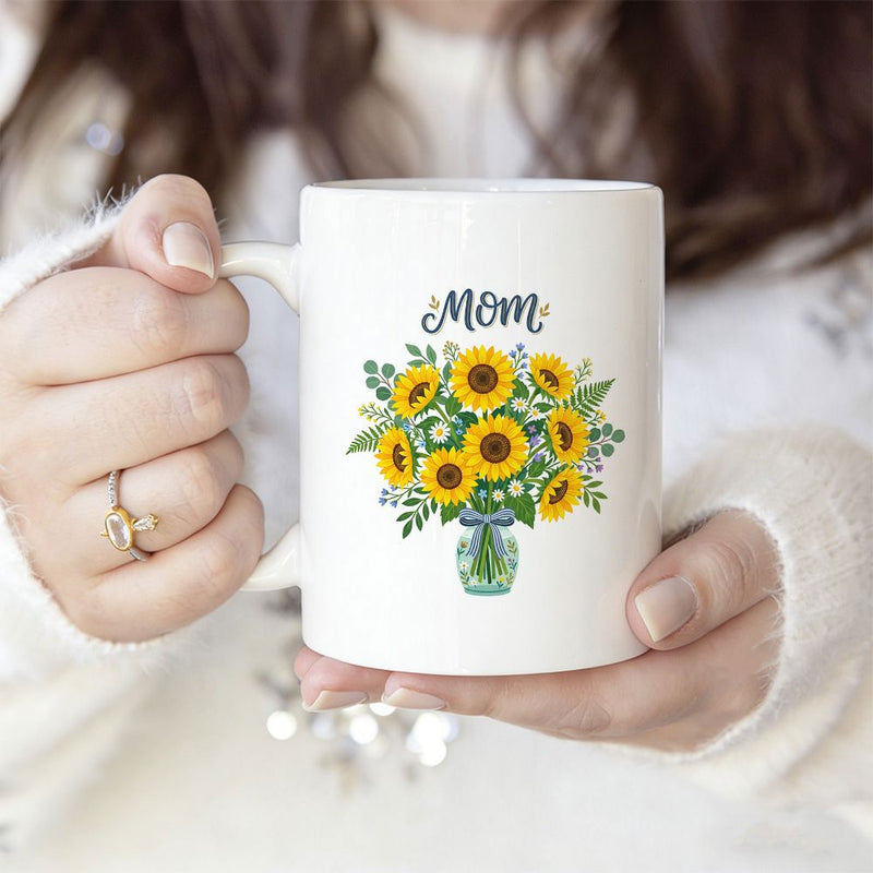 Tailorly White Ceramic 11 oz Mug - Mom Vibrant Yellow Sunflowers Arranged Inside A Simple Clear Glass Vase Sunflower