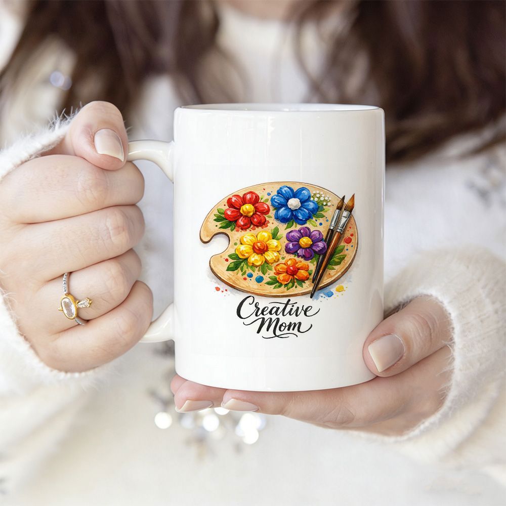 Tailorly White Ceramic 11 oz Mug - Creative Mom Artistic Wooden Tray Holding Colorful Blooming Flower Shaped Paint With Brushes Palette