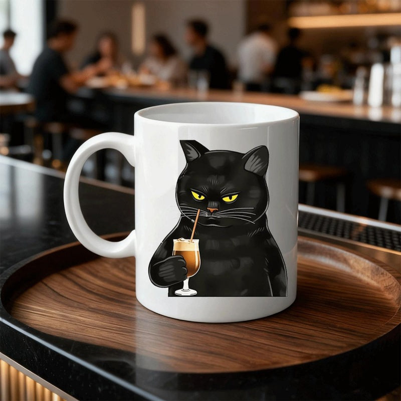 Tailorly White Ceramic 11 oz Mug - Grumpy Moody Black Animal Sipping Refreshing Cold Beverage With A Straw Cat