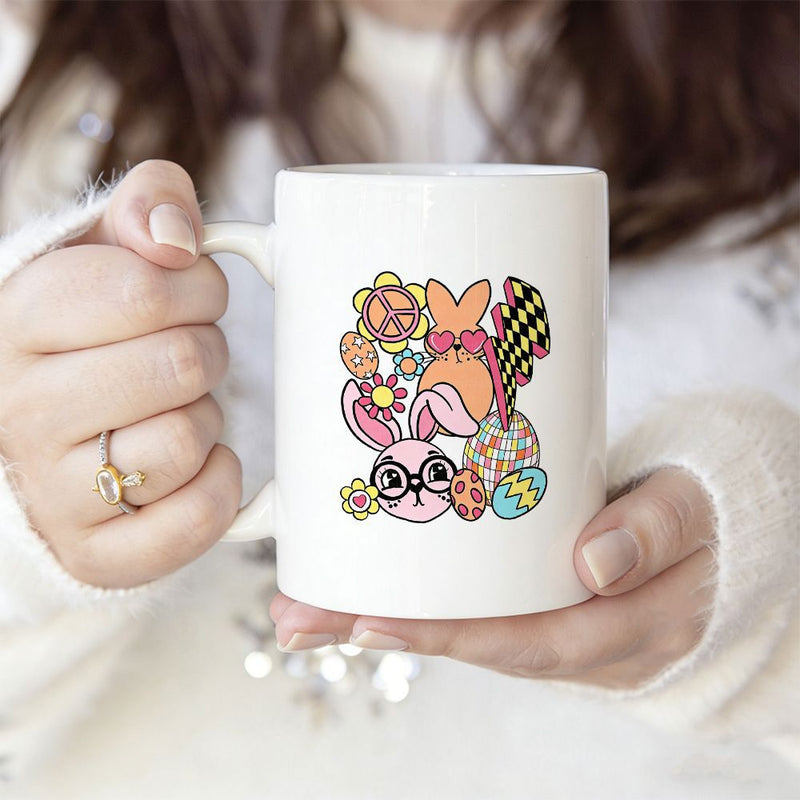 Tailorly White Ceramic 11 oz Mug - Colorful Retro Spring Elements Featuring Flowers And Patterned Easter Eggs Bunny