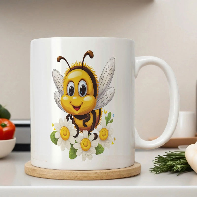 Tailorly White Ceramic 11 oz Mug - Adorable Cartoon Bee Hovering Over Blooming White Daisies In Garden Bee
