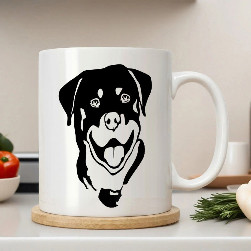Tailorly White Ceramic 11 oz Mug - Minimalist Black Stencil Design Featuring A Happy Smiling Rottweiler Dog