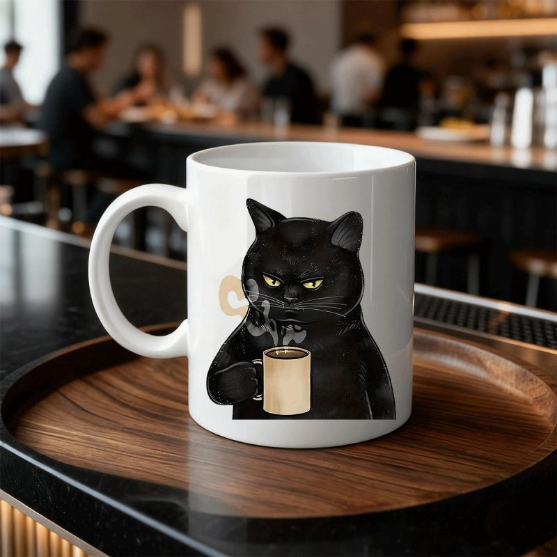 Tailorly White Ceramic 11 oz Mug - Moody Expression Holding Steaming Mug Of Coffee With A Small Black Cat
