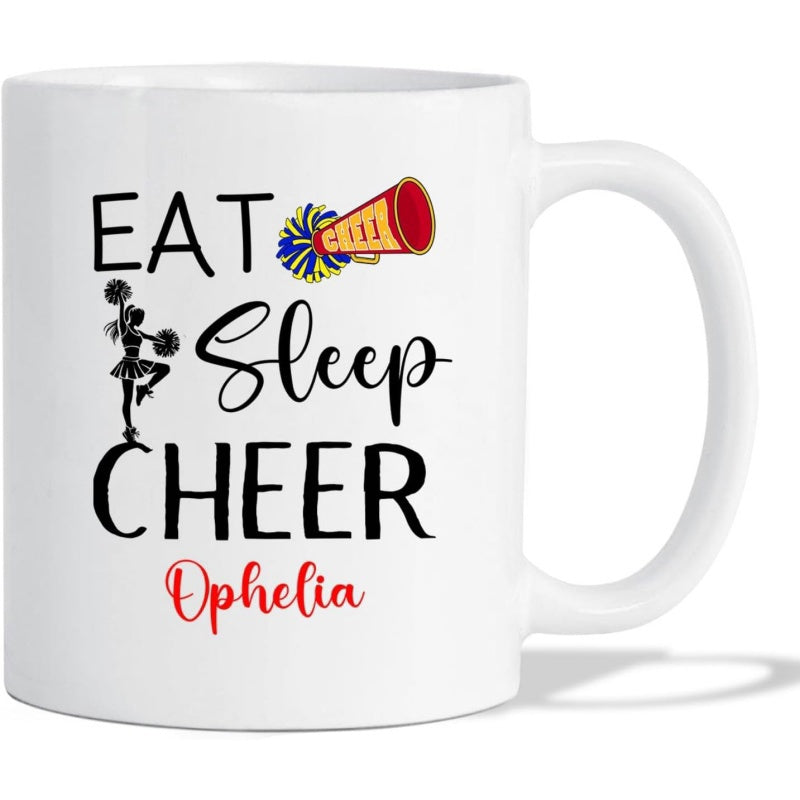 Tailorly White Ceramic 11 oz Mug - Eat Sleep Cheer Ophelia Silhouetted Performer With Pompoms Beside A Vibrant Colorful Loudspeaker Cheerleader