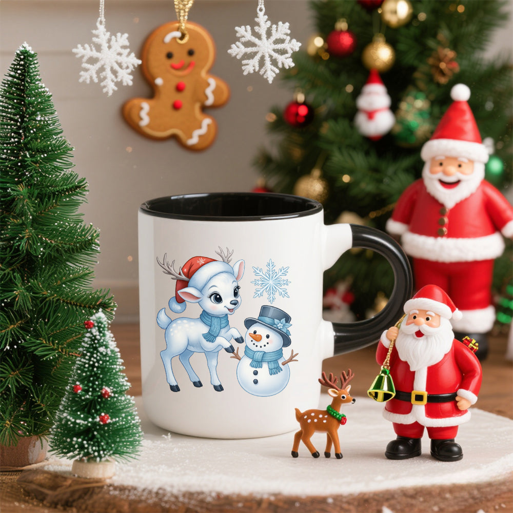 Tailorly Black Accent 11 oz Mug - Reindeer， Snowman， Santa， Snowflake