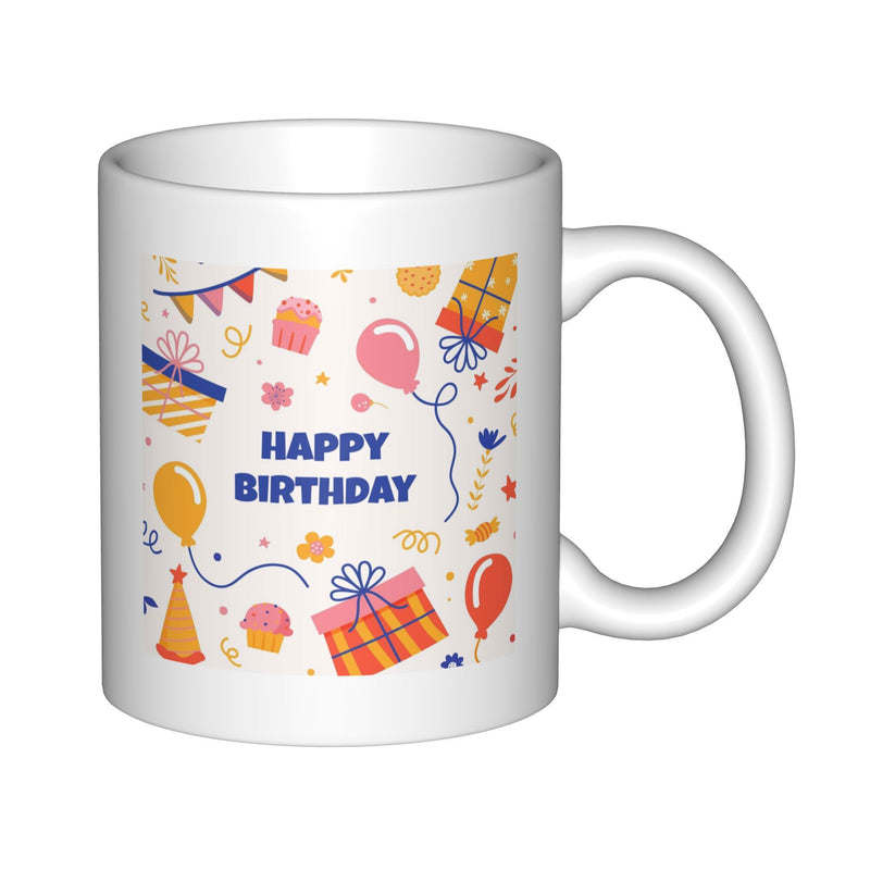 Tailorly White Ceramic 11 oz Mug - Happy Birthday Colorful Festive Party Decorations With Balloons Gifts And Bunting Mug