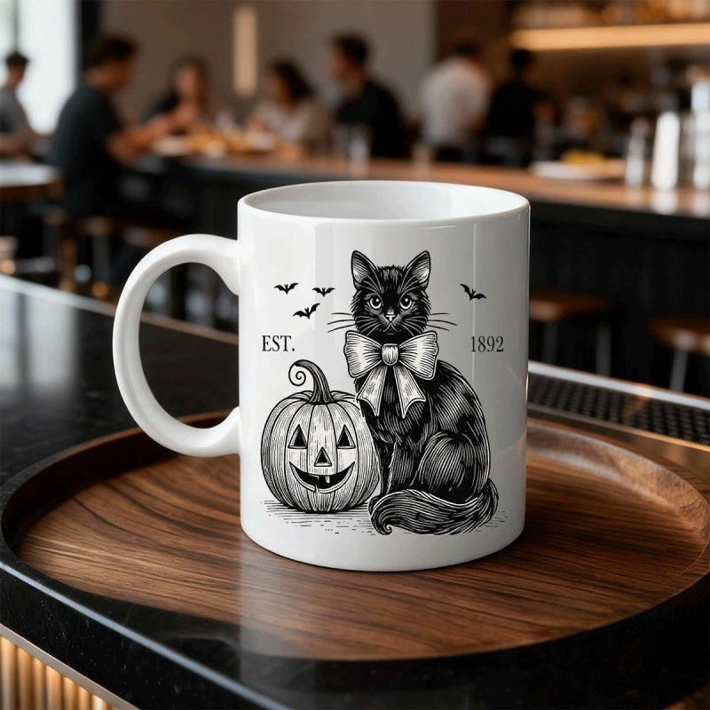 Tailorly White Ceramic 11 oz Mug - Est Vintage Style Hand Drawn Black Cat With Halloween Jack O Lantern Cat